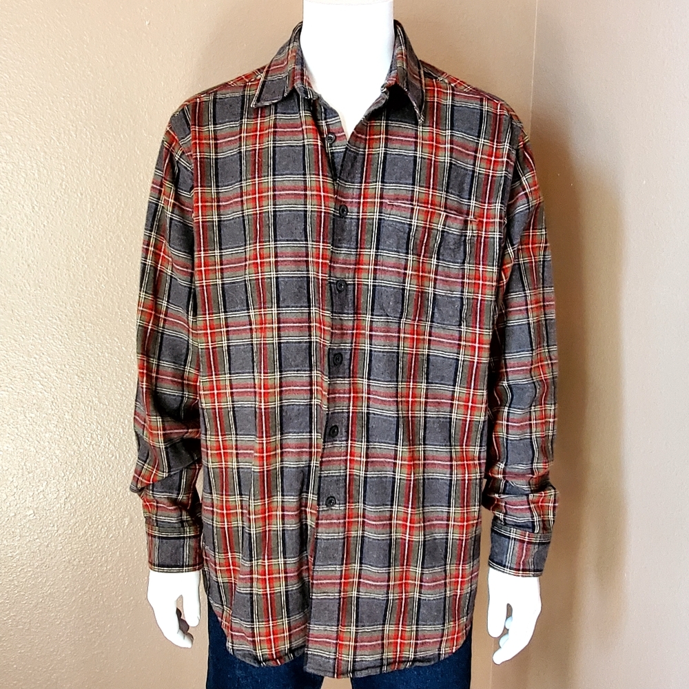 LL BEAN Grey Stewart plaid flannel shirt size M Reg